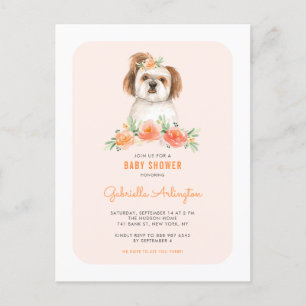 Cartão Postal De Convite Cute Shih Tzu Watercolor Chá de fraldas Floral