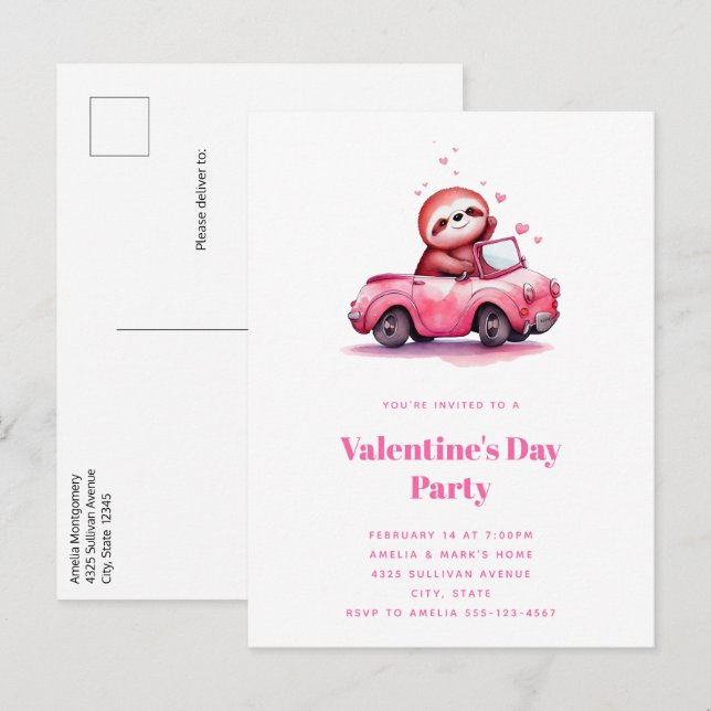 Cartão Postal De Convite Cute Sloth in a Pink Convertible (Frente/Verso)