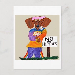 Cartão Postal De Convite Dachshund Hippie no Letreiro Sem Hippies