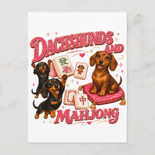 Cartão Postal De Convite Dachshunds e Mahjong (Frente)