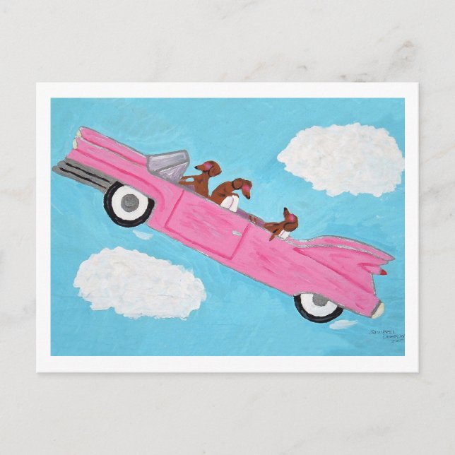 Cartão Postal De Convite Dachshunds em Conversível Rosa no céu (Frente)
