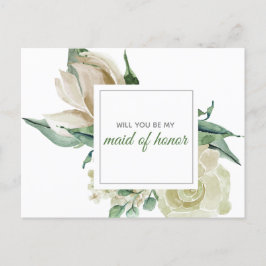 Cartão Postal De Convite Dama de Honra Floral Verde Rosa Creme Aquarela