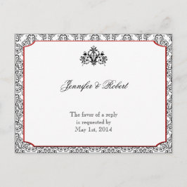 Cartão Postal De Convite Damasco preto e branco com RSVP de Destaque Vermel