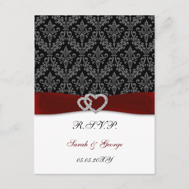 Cartão Postal De Convite damask diamante red casamento RSVP (Frente)