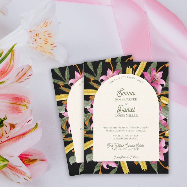 Cartão Postal De Convite Dark Blush Pink Lily Arched Wedding (Dark Blush Pink Lily Arched Wedding Invitation | Botanical Floral Arch Evening Garden Wedding)