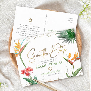 Cartão Postal De Convite Data de Bat Mitzvah Floral Tropical Dourado Script