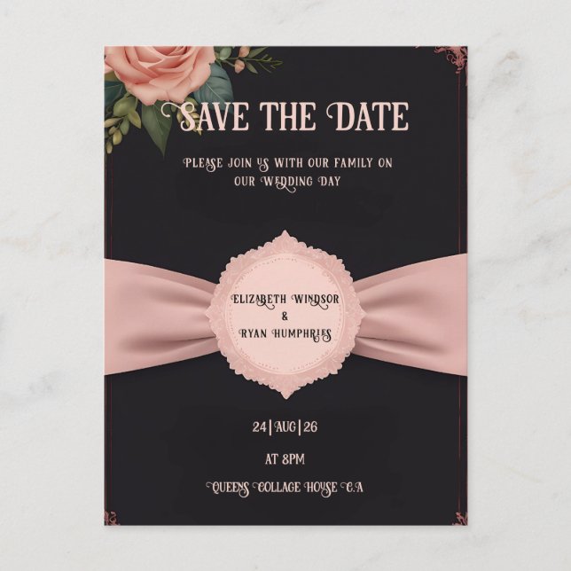 Cartão Postal de Convite de Casamento Rosa (Frente)