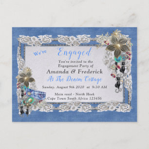 Cartão Postal De Convite Denim com creme Flor Lace e Costume Jewelry