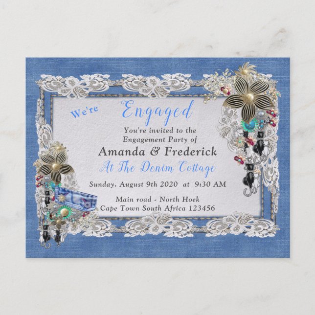 Cartão Postal De Convite Denim com creme Flor Lace e Costume Jewelry (Frente)