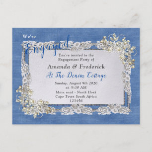 Cartão Postal De Convite Denim Texturizado Lace e Pérolas