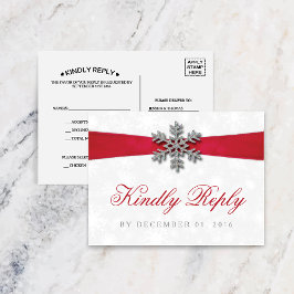Cartão Postal De Convite Diamante Snowflake & Red Ribbon Winter Wedding