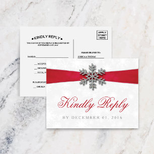 Cartão Postal De Convite Diamante Snowflake & Red Ribbon Winter Wedding