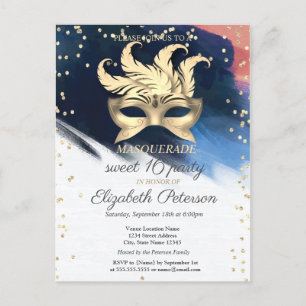 Cartão Postal De Convite Diamantes Dourados,Máscara,Pincelada Sweet 16