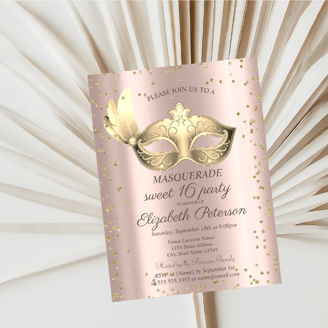 Cartão Postal De Convite Diamantes Masque Rose Gold Máscara Doce 16 (Criador carregado)