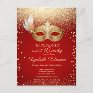 Cartão Postal De Convite Diamantes Masquerade,Máscara,Festa Vermelha 16