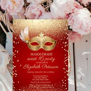 Cartão Postal De Convite Diamantes Masquerade,Máscara,Festa Vermelha 16