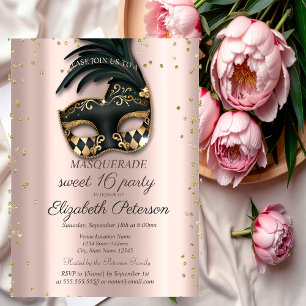 Cartão Postal De Convite Diamantes Ouro Rosa Máscara Preta Doce 16