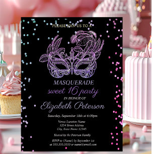 Cartão Postal De Convite Diamantes Violeta de Mascarada, Masque Sweet 16