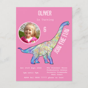 Cartão Postal De Convite Dinossaur Brachiosaurus Girls Aniversário Foto Ros