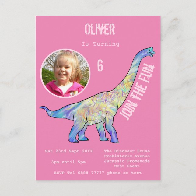 Cartão Postal De Convite Dinossaur Brachiosaurus Girls Aniversário Foto Ros (Frente)
