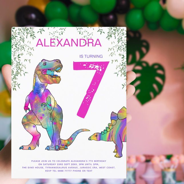 Cartão Postal De Convite Dinossauro Festa de aniversário Rosa Orçamento (Dinosaur girls 7th birthday party invitation postcard with colorful T-Rex and stegosaurus watercolor)