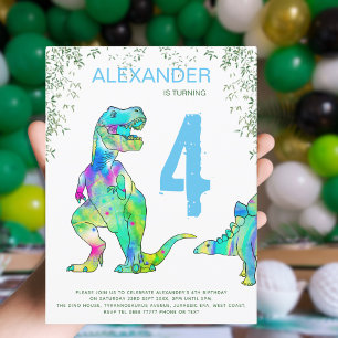 Cartão Postal De Convite Dinossauro selva 4º aniversário do Partido Azul