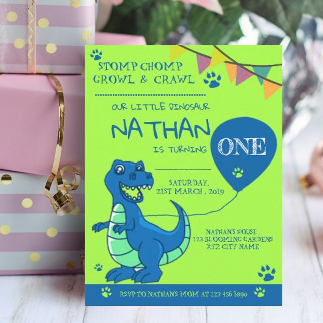 Cartão Postal De Convite Dinossauro Verde Azul Brito Primeiro Aniversário (Criador carregado)
