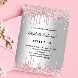 Cartão Postal De Convite Doce 16 anos, pingos cor-de-rosa-prata<br><div class="desc">Um convite moderno, na moda e glamouroso para uma doce festa de aniversário 16, 16. Um fundo com aparência de prata suja elegante, pingado brilhante, pingado de tinta. O nome é escrito com um script estilo preto moderno, escrito à mão. Personalize e adicione um nome, idade e detalhes da festa....</div>