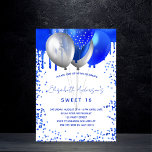 Cartão Postal De Convite Doce 16 balões brancos azuis reais pingados<br><div class="desc">Um fundo branco. Decorado com o visual azul-real de brilho pingando tinta pingando,  faíscas. Balões azuis e prateados falsos. Personalize e adicione um nome e detalhes da parte. O nome é escrito com um script de estilo manuscrito. Fundo real azul.</div>