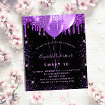 Cartão Postal De Convite Doce 16 balões glamourosos pretos de brilho<br><div class="desc">Para um doce elegante 16, 16 anos. Um fundo na moda preto. Decorado com brilho púrpura e balões. Personalize e adicione um nome, idade e detalhes da festa. O nome é escrito com um script de estilo manuscrito Back: postcard design. Dica: Se você não quiser que pareça um cartão postal,...</div>