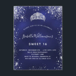 Cartão Postal De Convite Doce 16 coroa azul de tiara cinzenta prateada<br><div class="desc">Para um doce elegante 16,  16 anos. Uma cor azul de fundo,  a cor azul é irregular. Decorado com pó falso prateado e uma tiara,  coroa. Personalize e adicione um nome,  idade e detalhes da festa. O nome é escrito com um script de estilo manuscrito</div>