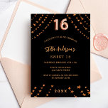 Cartão Postal De Convite Doce 16 estrelas rosa de ouro pretas elegantes<br><div class="desc">Para uma elegante festa de aniversário 16,  16. Um fundo negro. Decorado com estrelas rosa douradas. Personalize e adicione um nome,  detalhes da festa,  ano de nascimento. O nome é escrito com um script de estilo manuscrito</div>