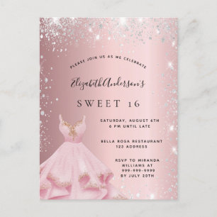 Cartão Postal De Convite Doce 16 vestido cor-de-rosa cor-de-rosa