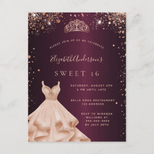 Cartão Postal De Convite Doce 16 vestido de ouro de rosa de burguês tiara
