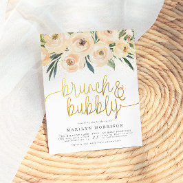 Cartão Postal De Convite Dourada caligrafia Floral Brunch e Bubble