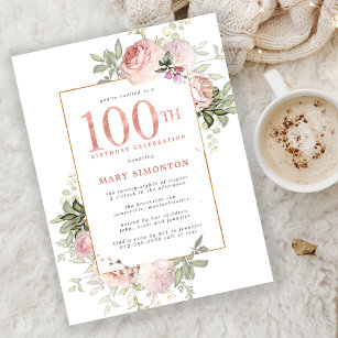 Cartão Postal De Convite Dourada cor-de-rosa pincelada - 100ª Festa de aniv