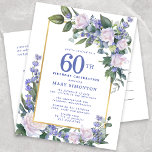 Cartão Postal De Convite Dourada Floral 60ª Festa de aniversário azul branc<br><div class="desc">Honre uma mulher especial com este convite de aniversário elegante e feminino.</div>