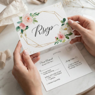Cartão Postal De Convite Dourada Lente Geométrica de Casamento Floral RSVP