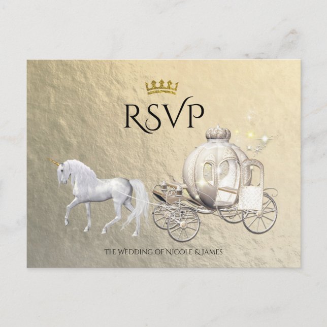 Cartão Postal De Convite Dourada Royal Princess Storybook Carruagem RSVP (Frente)