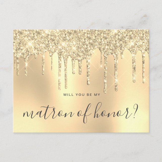 Cartão Postal De Convite Douradas gotas de brilho... Você será minha matron (Frente)