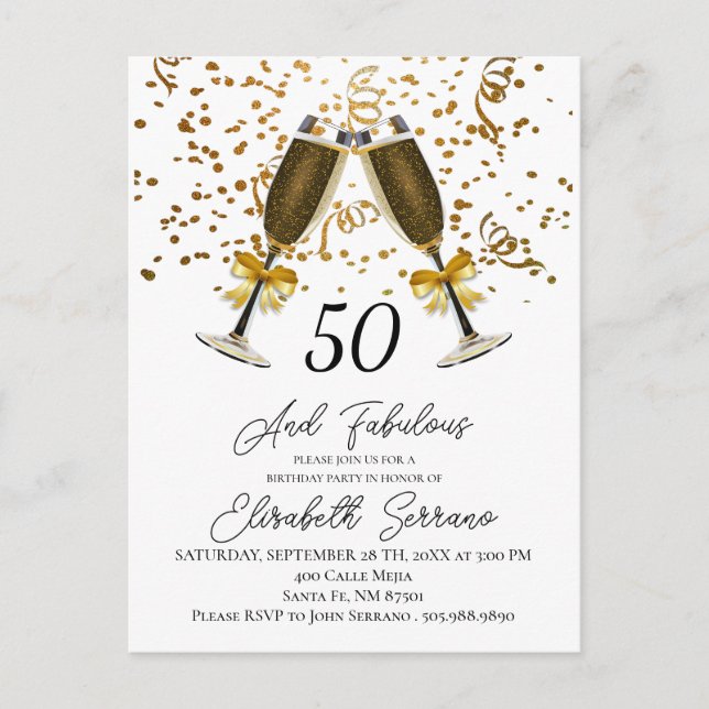 Cartão Postal De Convite Dourado Confetti Champagne Óculos 50º Aniversário (Frente)