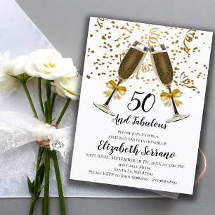 Cartão Postal De Convite Dourado Confetti Champagne Óculos 50º Aniversário