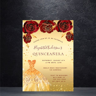Cartão Postal De Convite Dourado de Quinceanera, floreal