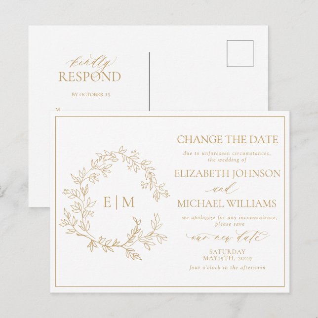 Cartão Postal De Convite Dourado Leaften Monograma Altera Data (Frente/Verso)