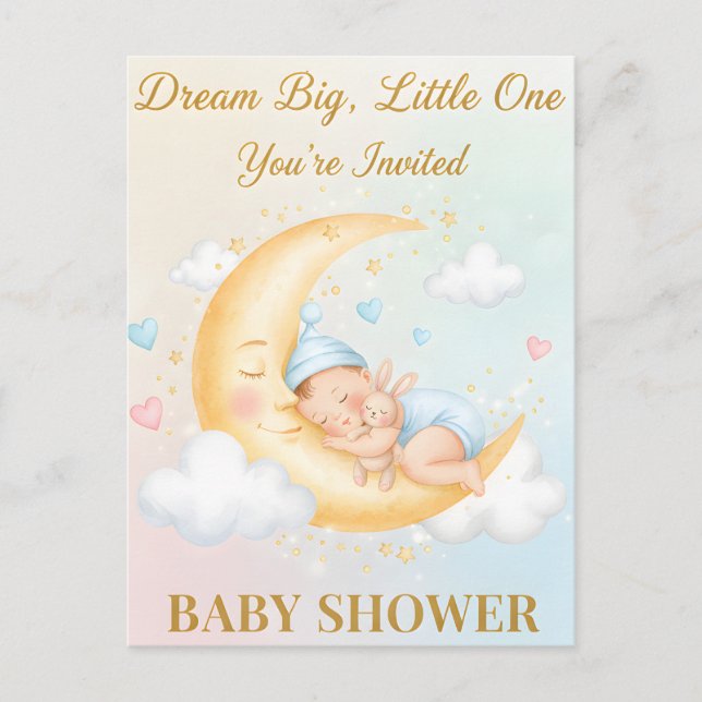 Cartão Postal De Convite Dreamy Moon Baby Shower Invitation - Sleeping Baby (Frente)