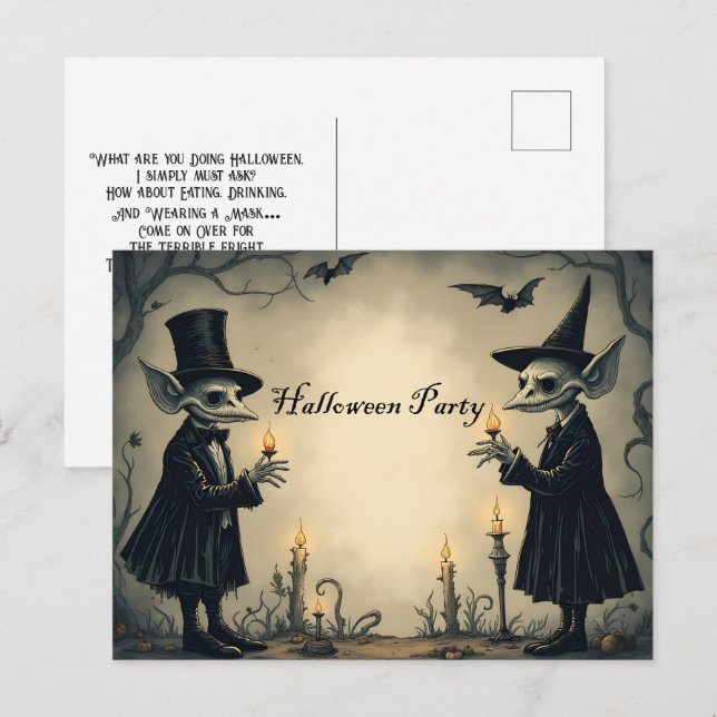 Cartão Postal De Convite Duas Festas de Halloween de Goblins bem vestidas (Frente/Verso)