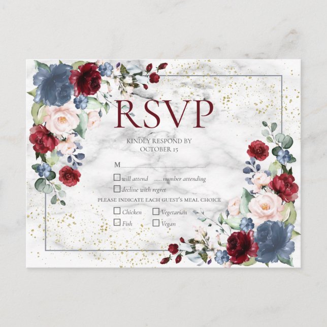 Cartão Postal De Convite Dusty Blue Burgundy Blush RSVP de Casamento Dourad (Frente)