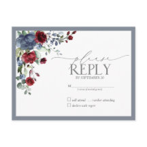 Dusty Blue Burgundy Red Floral Watercolor RSVP