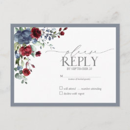 Cartão Postal De Convite Dusty Blue Burgundy Red Floral Watercolor RSVP