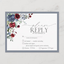 Cartão Postal De Convite Dusty Blue Burgundy Red Floral Watercolor RSVP
